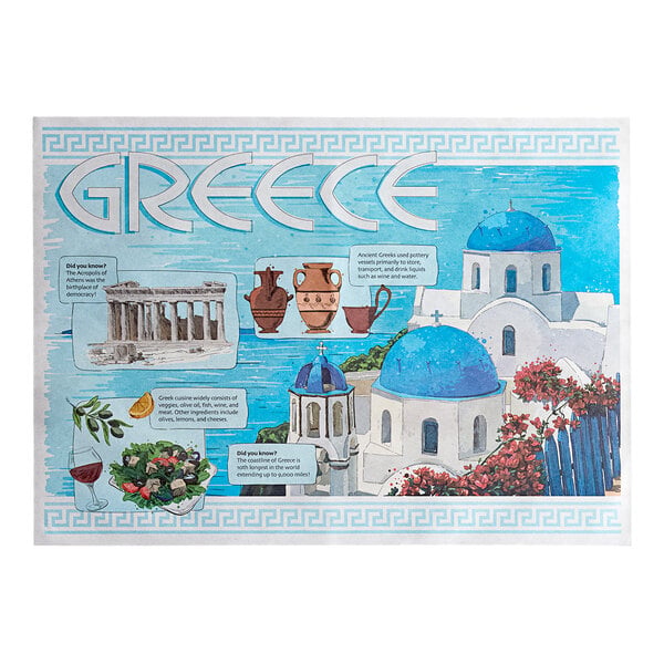 A Greek-themed paper placemat featuring illustrations of iconic Greek architecture, pottery, and cuisine.