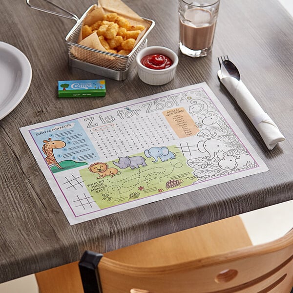 Hoffmaster Doodletown Fun Double-Sided Interactive Placemat with Choice 4  Pack Kids Restaurant Crayons - 1000/Set