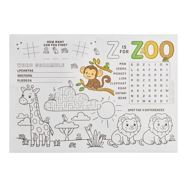 A kids' zoo-themed interactive placemat featuring coloring activities, word games, and puzzles.
