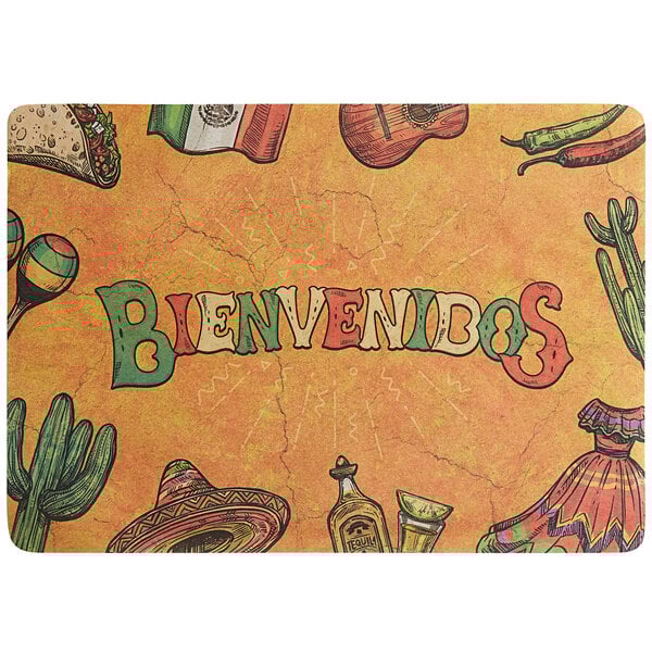 A white paper placemat with a Mexican theme including red and green chili peppers.