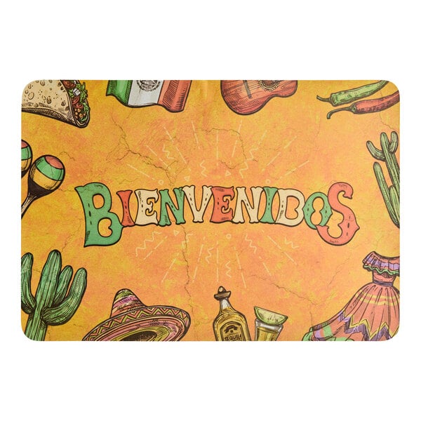 A rectangular paper placemat with a Mexican theme, featuring colorful illustrations and the word 'Bienvenidos' in the center.