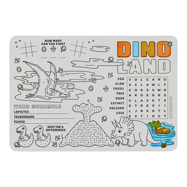 A children's interactive placemat featuring dinosaur-themed puzzles and activities.
