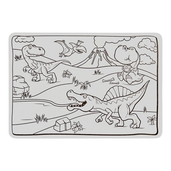 A rectangular kids' placemat featuring a black and white dinosaur-themed coloring scene.