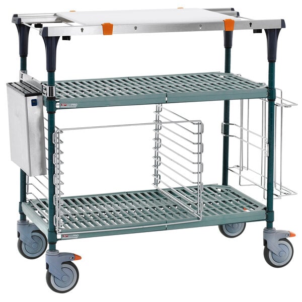 A Metro PrepMate MultiStation cart with SuperErecta Pro shelving and baskets on a shelf.