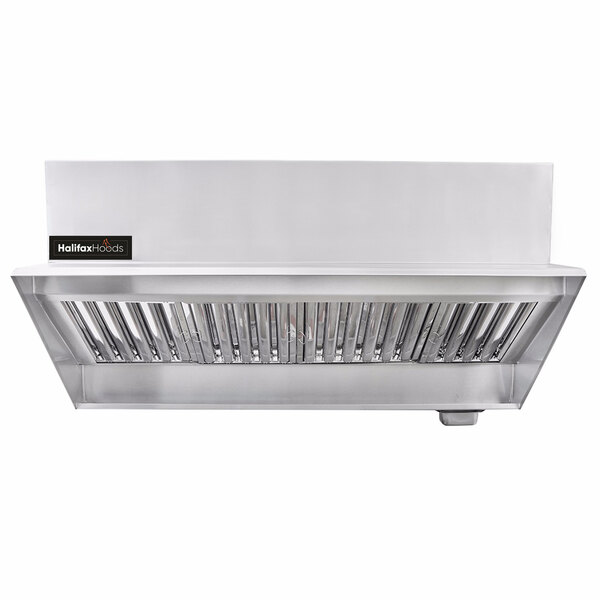A stainless steel Halifax Low Proximity commercial kitchen backshelf hood.