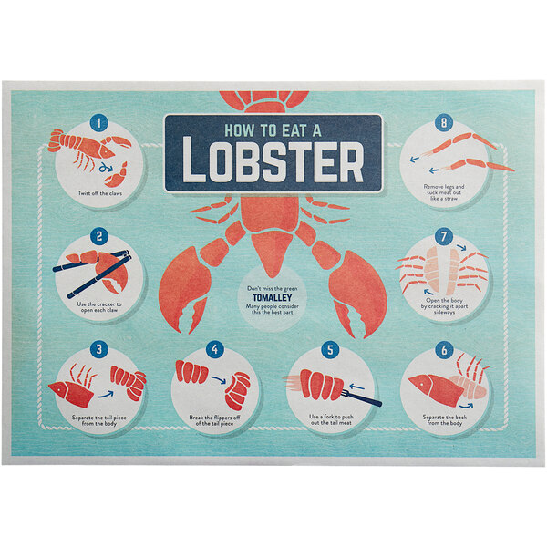 A white paper placemat with text and illustrations showing how to eat a lobster.