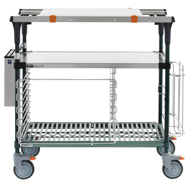 A stainless steel Metro PrepMate cart with SuperErecta Pro shelving and wheels.