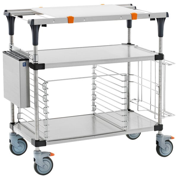 A Metro stainless steel cart with two shelves and black wheels.