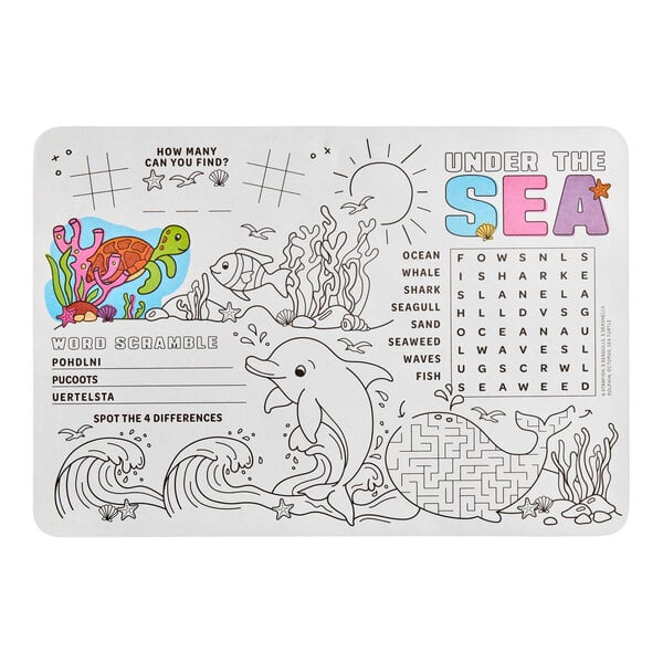 A kids' interactive placemat with an under the sea theme featuring coloring sections, word games, and puzzles.
