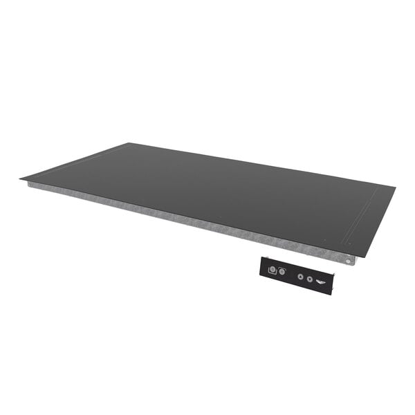 A black rectangular Vollrath heated shelf warmer with black buttons.