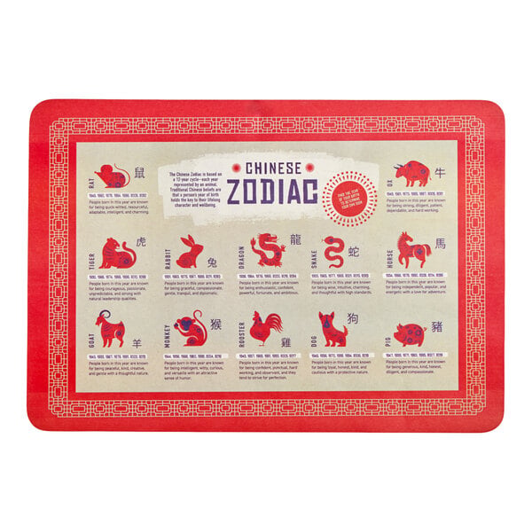 A rectangular paper placemat featuring the Chinese zodiac with animal illustrations and a red decorative border.