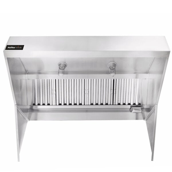 A stainless steel Halifax commercial kitchen hood vent with a stainless steel grill.