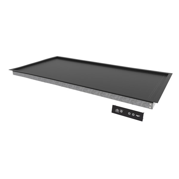 A black rectangular Vollrath heated shelf with a metal frame.