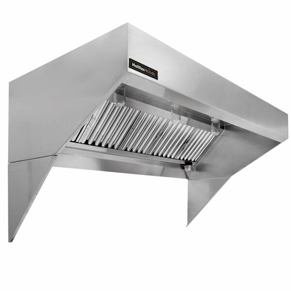 A stainless steel Halifax low ceiling sloped front commercial kitchen hood.