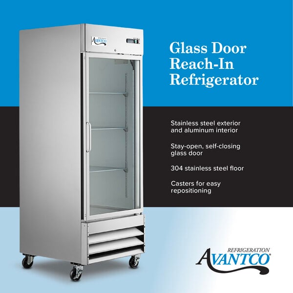 Graphic highlighting glass door refrigerator with stainless steel exterior and casters.