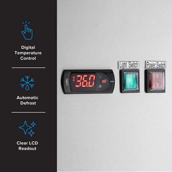 Graphic highlighting refrigerator digital control, automatic defrost, and LCD readout.
