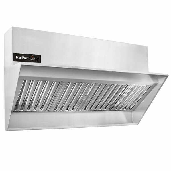 A stainless steel Halifax Low Proximity commercial kitchen backshelf hood system.