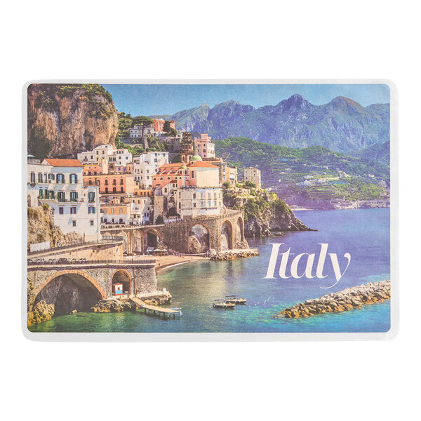 A rectangular paper placemat featuring an Italian coastal scene with the word 'Italy' printed on it.