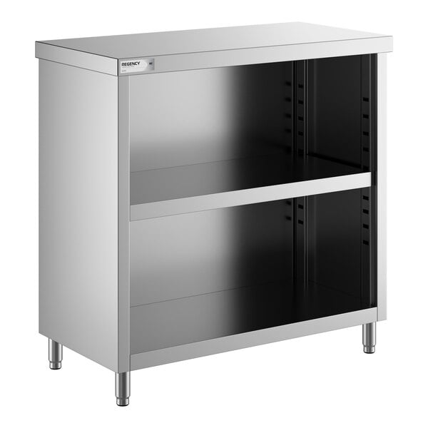 A stainless steel dish cabinet with an adjustable midshelf and open front.