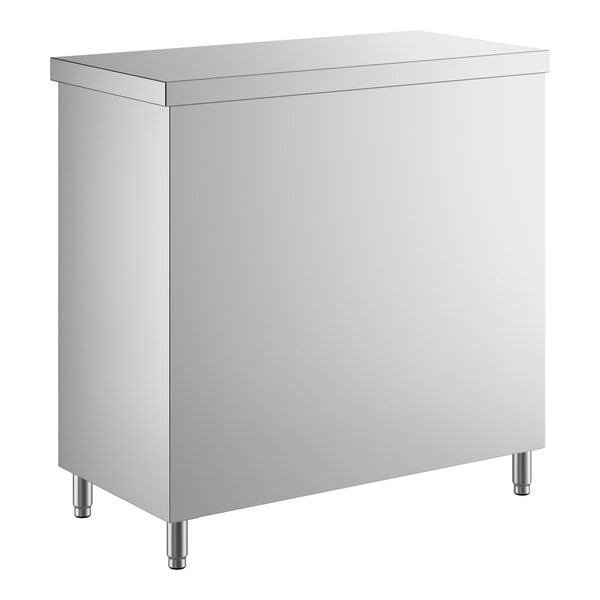 A stainless steel dish cabinet with an adjustable midshelf and four legs.