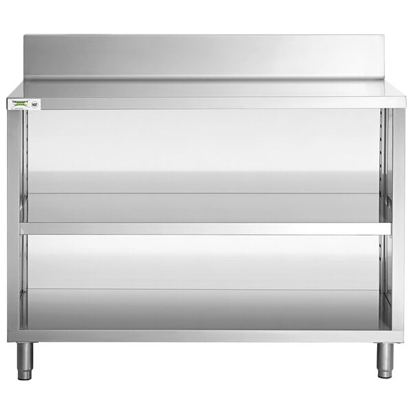 A Regency stainless steel workbench with enclosed base and shelves.