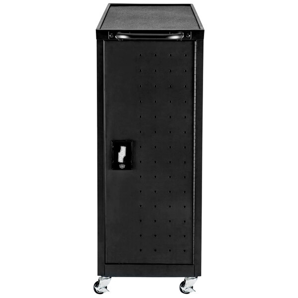 A black metal Luxor laptop charging cart with wheels.