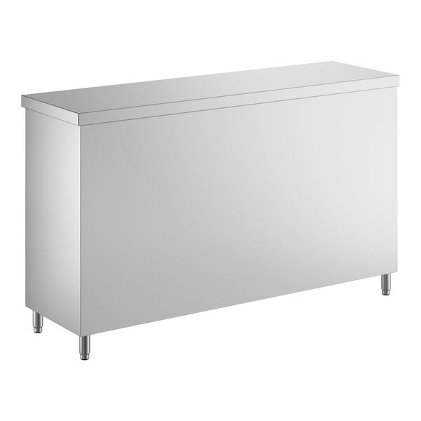 A stainless steel dish cabinet with an adjustable midshelf and four legs.