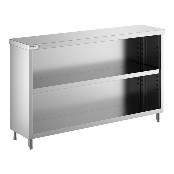 A stainless steel dish cabinet with an adjustable midshelf and open front.