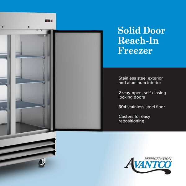 Graphic highlighting solid door refrigerator with stainless steel exterior and 6 shelves.