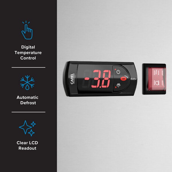 Graphic highlighting refrigerator digital temperature control, auto defrost, and LCD readout.