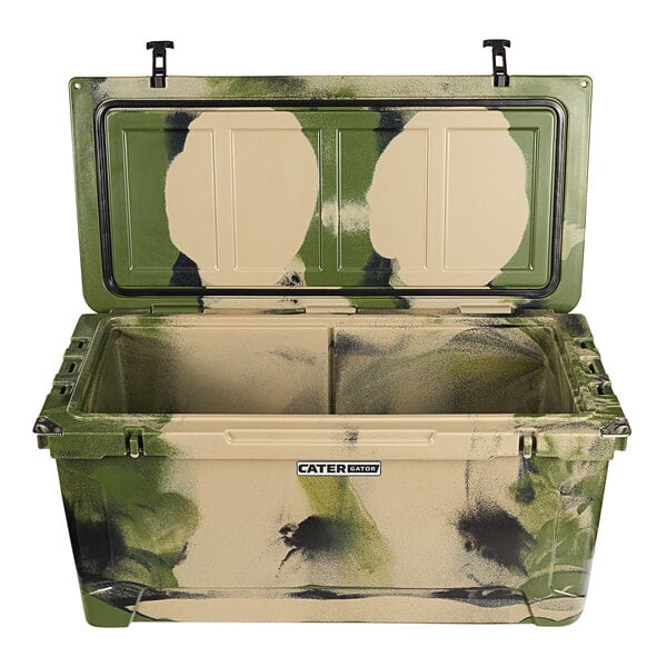 A large camouflage CaterGator cooler with a lid.