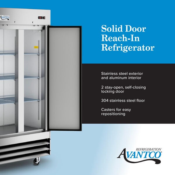 Graphic highlighting solid door freezer with stainless steel exterior and 6 shelves.