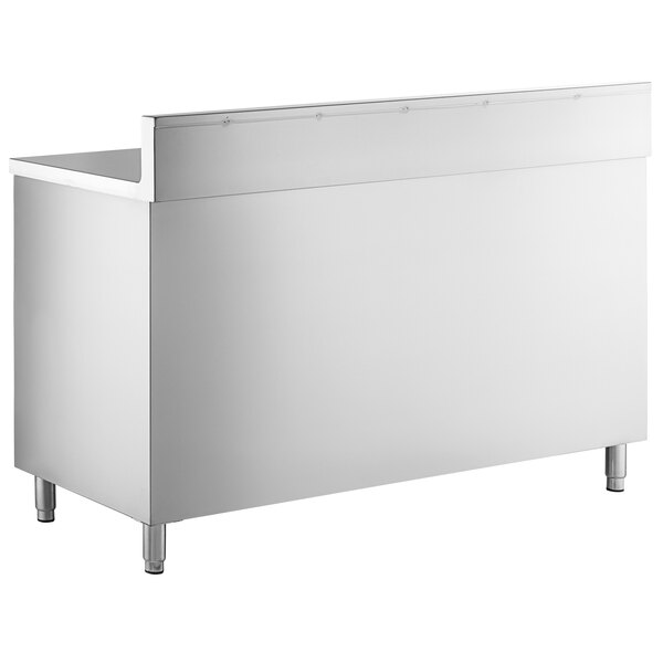 A Regency stainless steel enclosed base table with sliding doors and a backsplash.