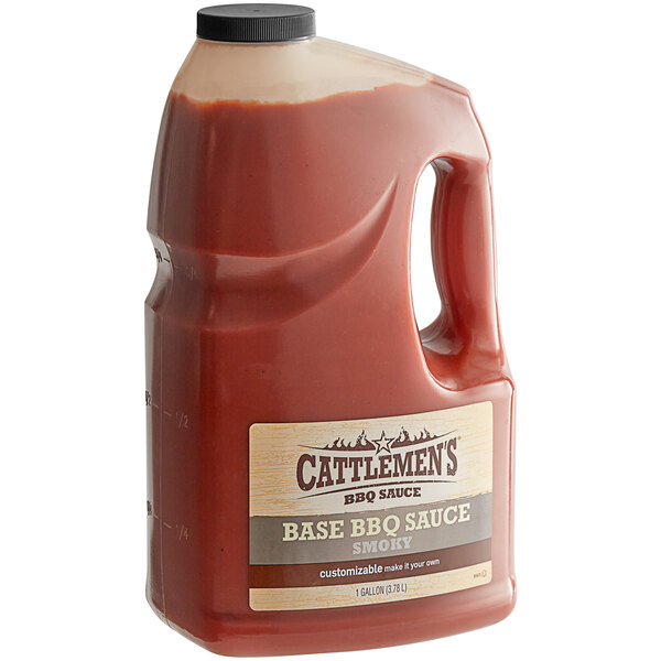 A jug of Cattlemen's smoky base BBQ sauce on a table.