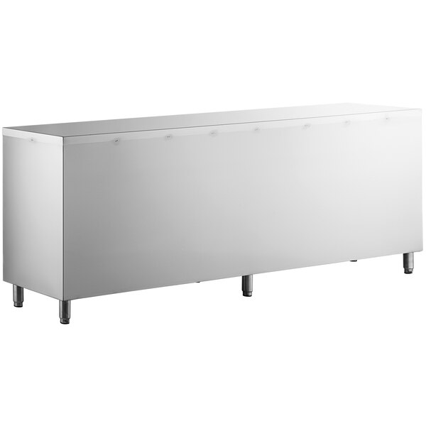 A white rectangular stainless steel dish cabinet on legs.