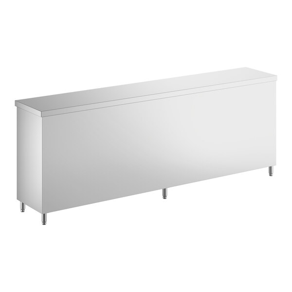 A long, rectangular stainless steel dish cabinet with adjustable midshelf and metal legs.