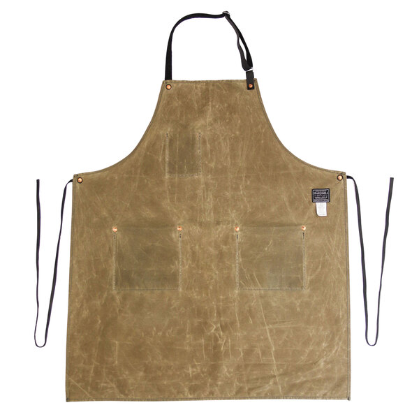 A Hardmill tan waxed canvas apron with black straps and two pockets.