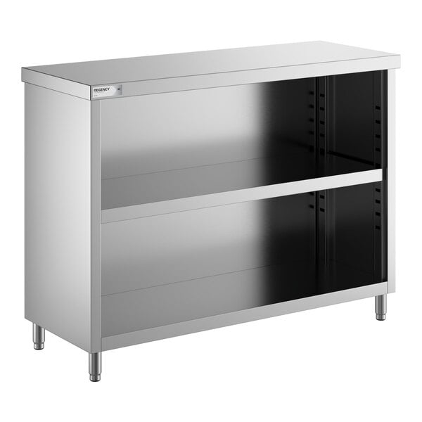 A stainless steel dish cabinet with an adjustable midshelf and open front.