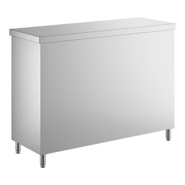 A stainless steel dish cabinet with an adjustable midshelf and four legs.