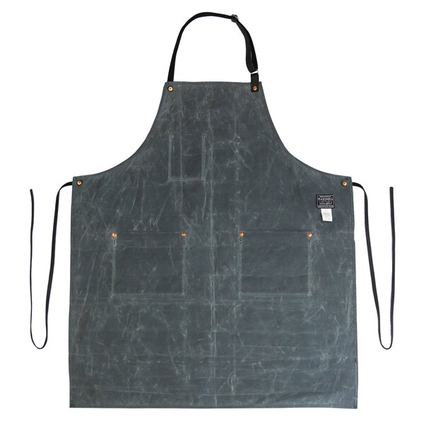 A grey Hardmill apron with straps and two pockets.