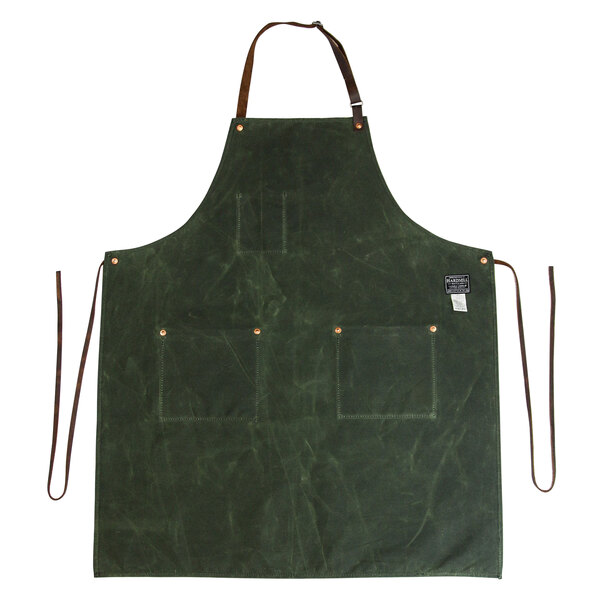 A Hardmill Olive waxed canvas apron with brown leather straps.