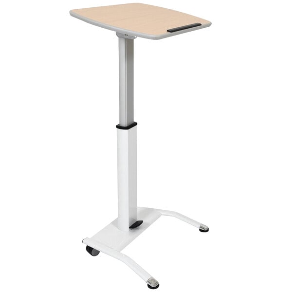 A white Luxor pneumatic adjustable height lectern on wheels.