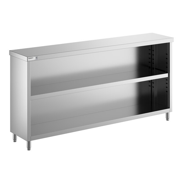 A stainless steel dish cabinet with an adjustable midshelf and open front.