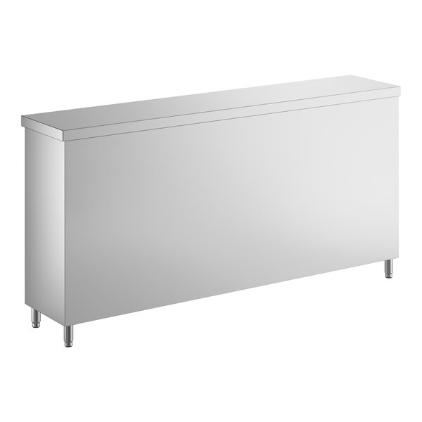 A stainless steel dish cabinet with an adjustable midshelf and four legs.