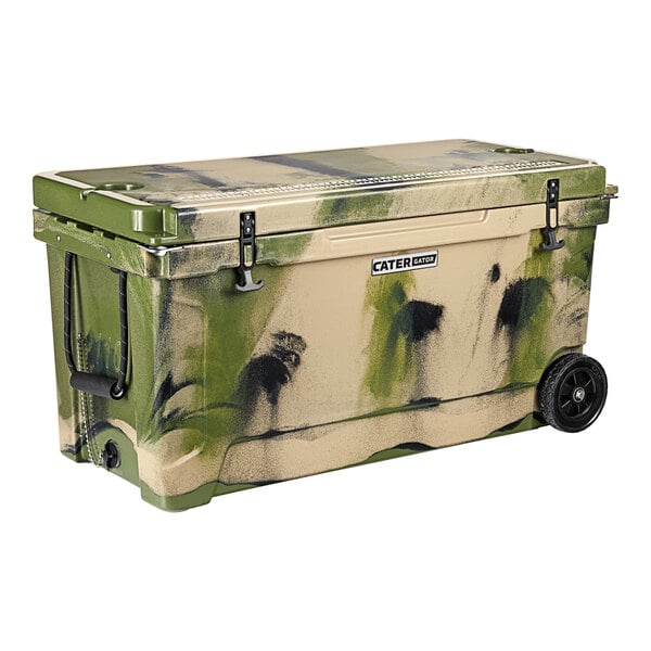 A white CaterGator cooler with wheels and a camouflage pattern.