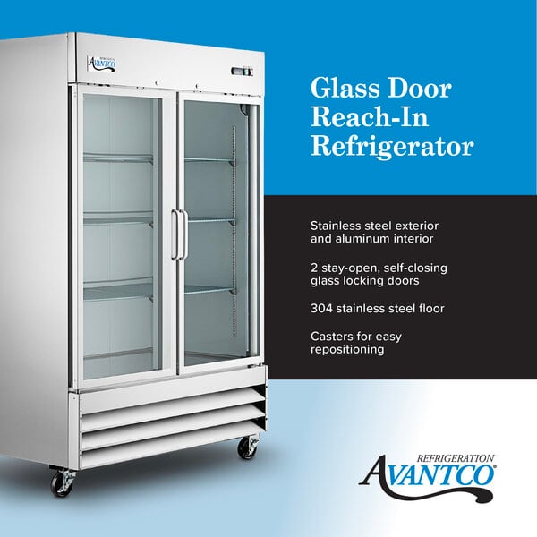 Graphic highlighting two glass door refrigerator with stainless steel exterior and casters.