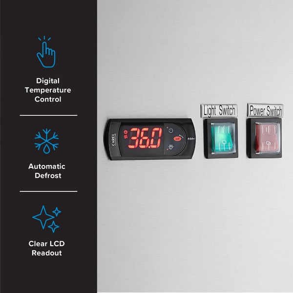 Graphic highlighting digital temperature control, automatic defrost, and separate switches.