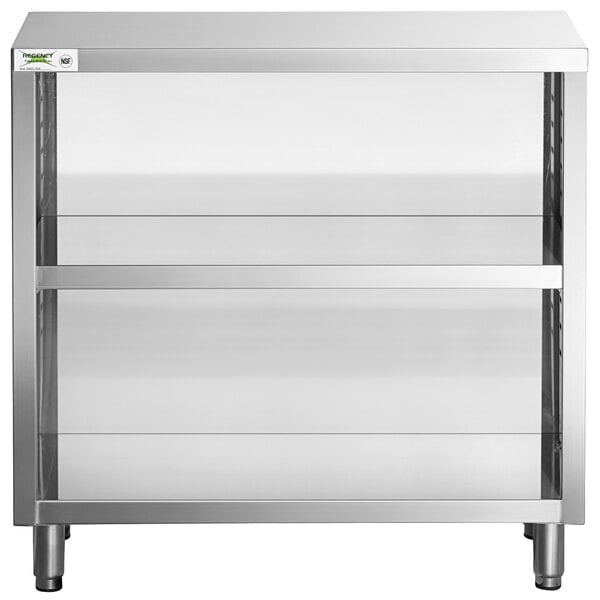 A stainless steel Regency dish cabinet with adjustable shelves.