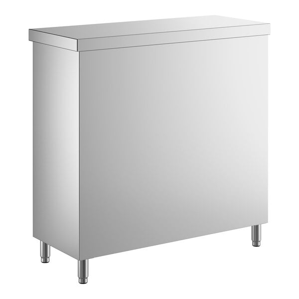 A stainless steel dish cabinet with an adjustable midshelf and four legs.
