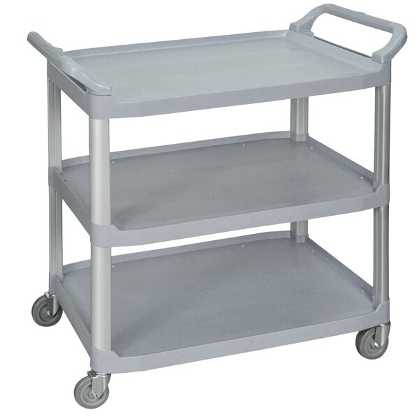 A gray Luxor plastic utility cart with three shelves and wheels.